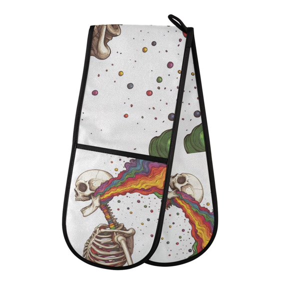 Yayeee Double Oven Mitt Kitchen Heat Resistant Baking 35" x7" Quilted Glove, Colorful Skeleton