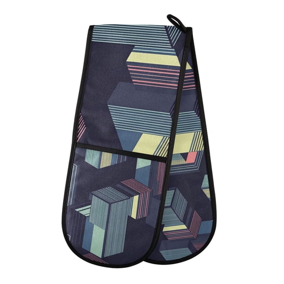 Yayeee Double Oven Mitt Kitchen Heat Resistant Baking 35" x7" Quilted Glove, Cube Stripes