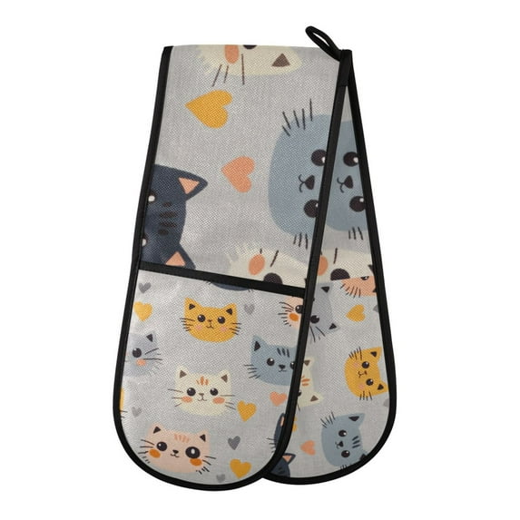 Yayeee Double Oven Mitt Kitchen Heat Resistant Baking 35" x7" Quilted Glove, Cute Cartoon Cat