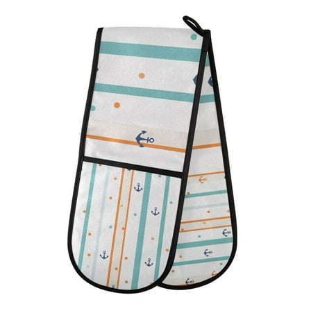 Yayeee Double Oven Mitt Kitchen Heat Resistant Baking 35" x7" Quilted Glove, Cute Nautical Pattern