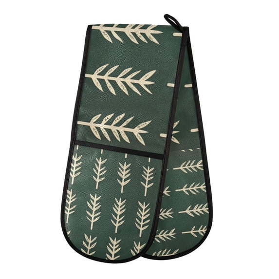 Yayeee Double Oven Mitt Kitchen Heat Resistant Baking 35" x7" Quilted Glove, Dark Green Leaves