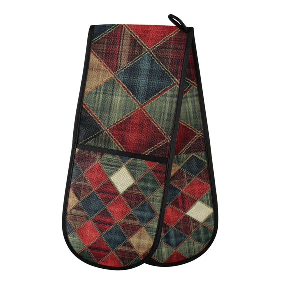 Yayeee Double Oven Mitt Kitchen Heat Resistant Baking 35" x7" Quilted Glove, Dark Tartan Pattern