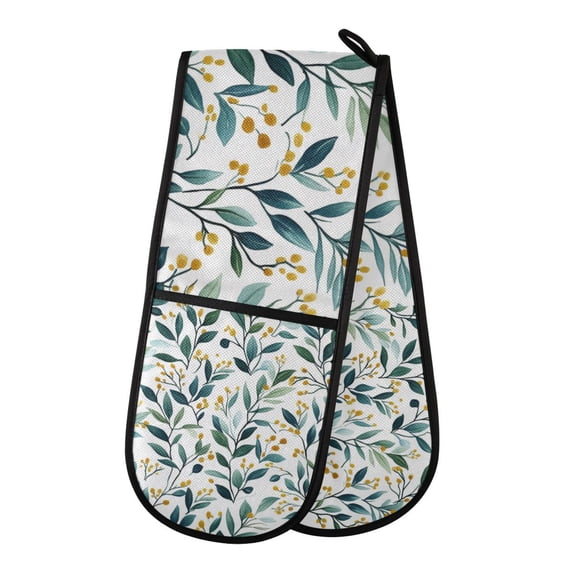 Yayeee Double Oven Mitt Kitchen Heat Resistant Baking 35" x7" Quilted Glove, Darker Leafy Pattern