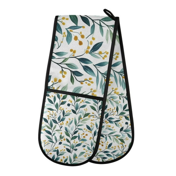 Yayeee Double Oven Mitt Kitchen Heat Resistant Baking 35" x7" Quilted Glove, Darker Leafy Pattern