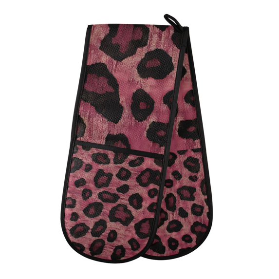 Yayeee Double Oven Mitt Kitchen Heat Resistant Baking 35" x7" Quilted Glove, Deep Red Leopard Pattern