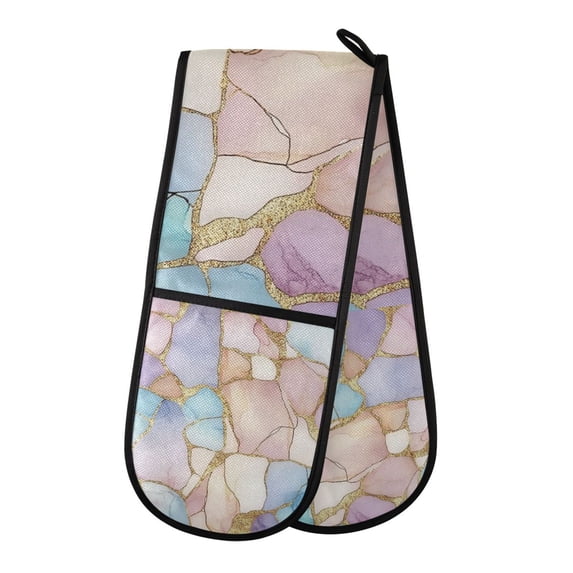 Yayeee Double Oven Mitt Kitchen Heat Resistant Baking 35" x7" Quilted Glove, Elegant Marble Pattern