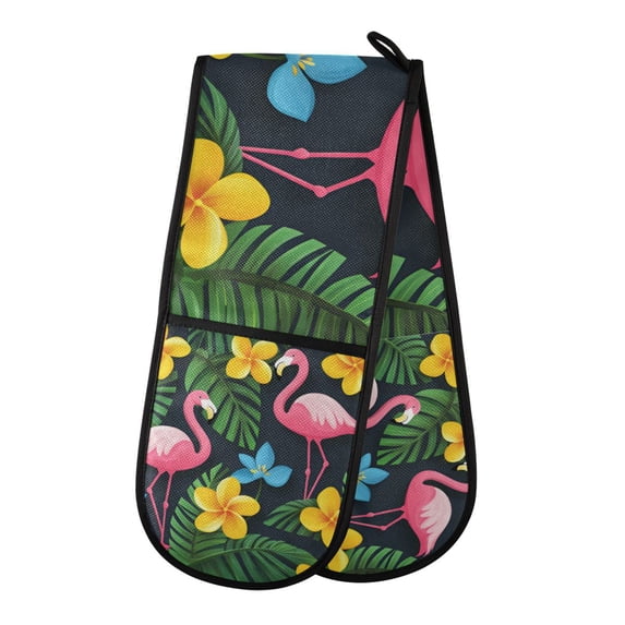 Yayeee Double Oven Mitt Kitchen Heat Resistant Baking 35" x7" Quilted Glove, Flamingo Floral Pattern