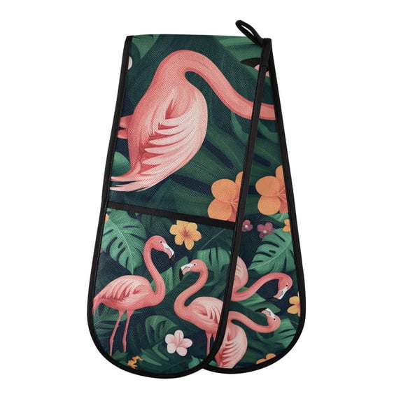 Yayeee Double Oven Mitt Kitchen Heat Resistant Baking 35" x7" Quilted Glove, Flamingo Leaves Pattern