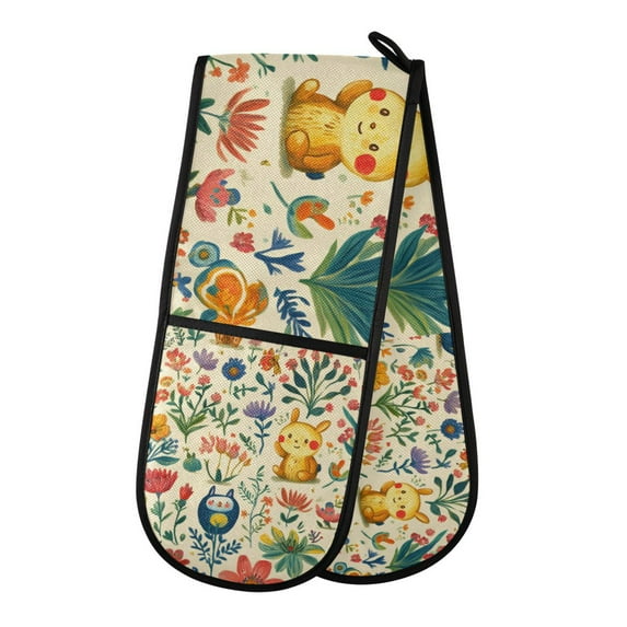 Yayeee Double Oven Mitt Kitchen Heat Resistant Baking 35" x7" Quilted Glove, Floral Animals