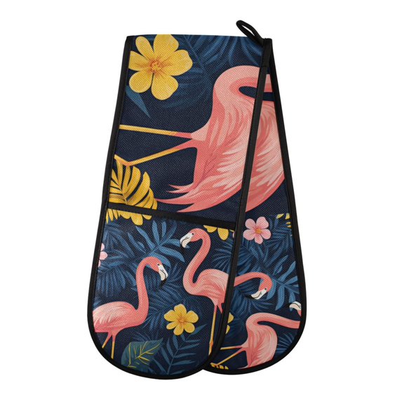 Yayeee Double Oven Mitt Kitchen Heat Resistant Baking 35" x7" Quilted Glove, Floral Flamingo