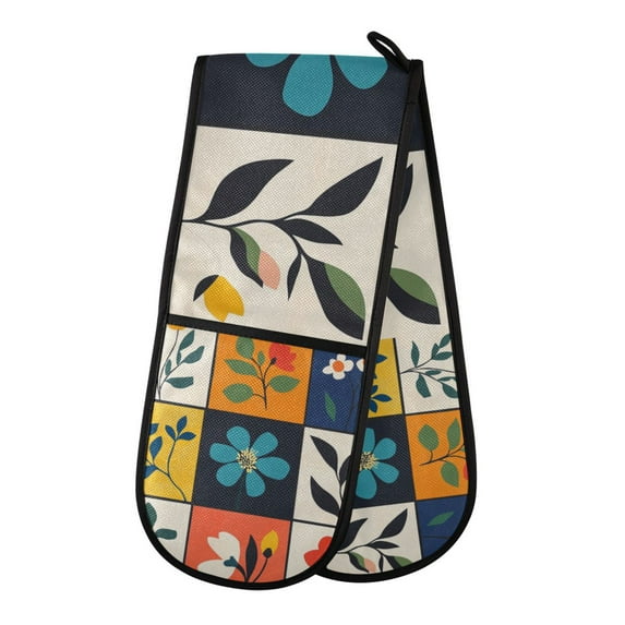 Yayeee Double Oven Mitt Kitchen Heat Resistant Baking 35" x7" Quilted Glove, Floral Patterns