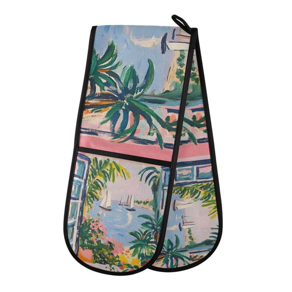 Yayeee Double Oven Mitt Kitchen Heat Resistant Baking 35" x7" Quilted Glove, Floral Seaside