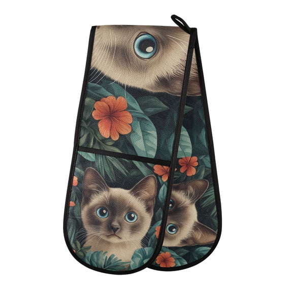 Yayeee Double Oven Mitt Kitchen Heat Resistant Baking 35" x7" Quilted Glove, Flowers and Cat