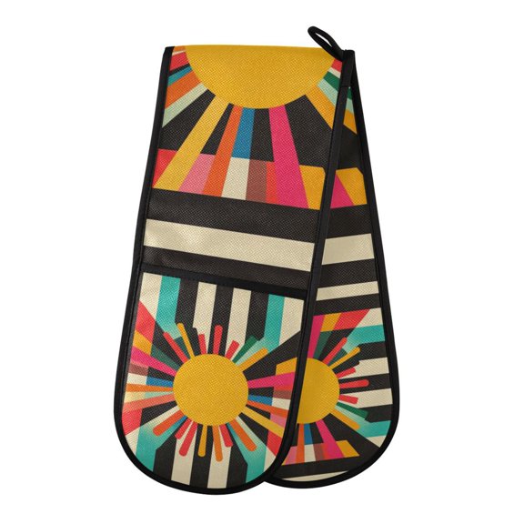 Yayeee Double Oven Mitt Kitchen Heat Resistant Baking 35" x7" Quilted Glove, Geometric Sun