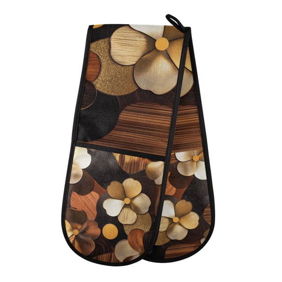 Yayeee Double Oven Mitt Kitchen Heat Resistant Baking 35" x7" Quilted Glove, Gold Flower