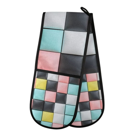 Yayeee Double Oven Mitt Kitchen Heat Resistant Baking 35" x7" Quilted Glove, Gray Checkered Pattern