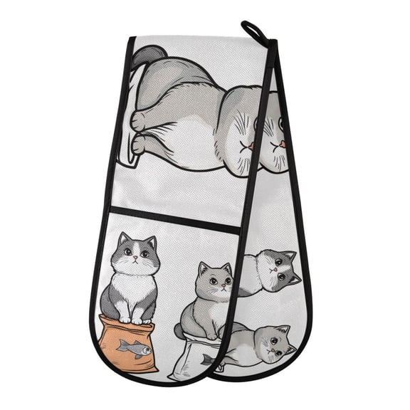 Yayeee Double Oven Mitt Kitchen Heat Resistant Baking 35" x7" Quilted Glove, Gray Cute Chubby Cat
