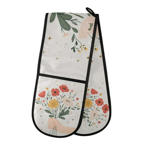 Yayeee Double Oven Mitt Kitchen Heat Resistant Baking 35" x7" Quilted Glove, Gray Cute Flower