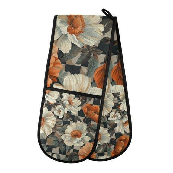 Yayeee Double Oven Mitt Kitchen Heat Resistant Baking 35" x7" Quilted Glove, Gray Floral Pattern
