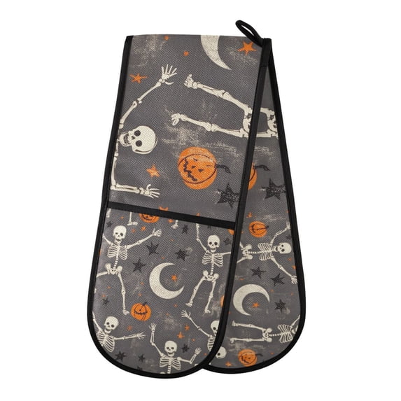 Yayeee Double Oven Mitt Kitchen Heat Resistant Baking 35" x7" Quilted Glove, Gray Halloween Skeleton