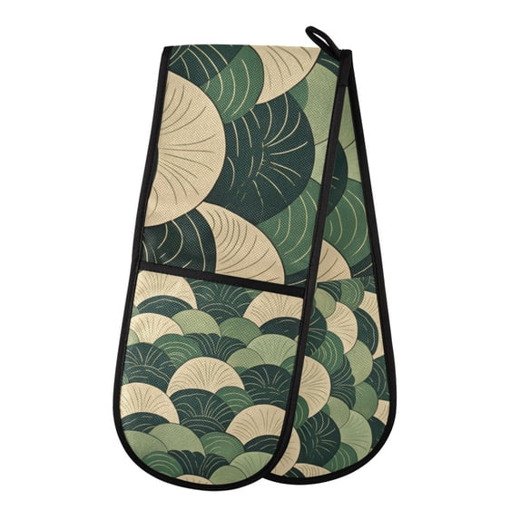 Yayeee Double Oven Mitt Kitchen Heat Resistant Baking 35" x7" Quilted Glove, Green Abstract Shapes