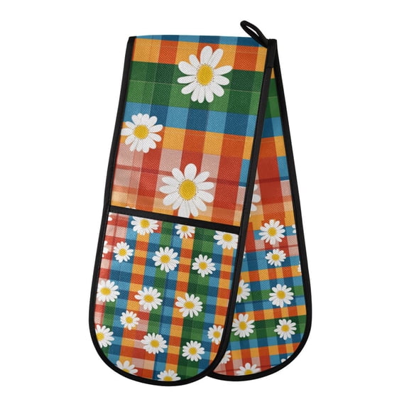 Yayeee Double Oven Mitt Kitchen Heat Resistant Baking 35" x7" Quilted Glove, Green Checkered Daisy