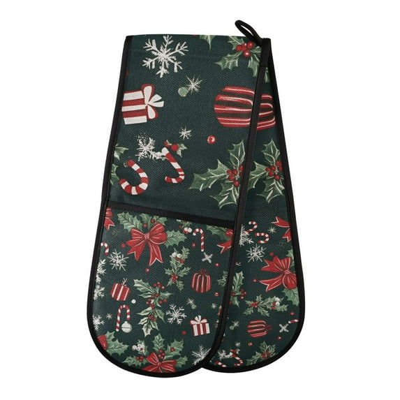 Yayeee Double Oven Mitt Kitchen Heat Resistant Baking 35" x7" Quilted Glove, Green Christmas