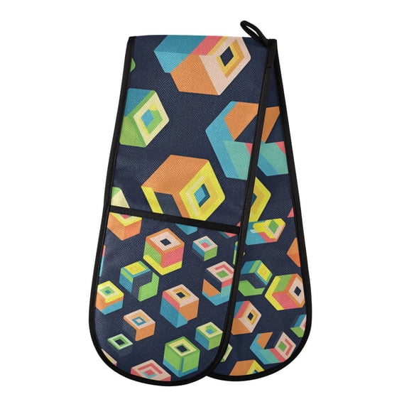 Yayeee Double Oven Mitt Kitchen Heat Resistant Baking 35" x7" Quilted Glove, Green Cubes