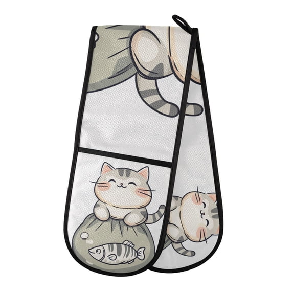 Yayeee Double Oven Mitt Kitchen Heat Resistant Baking 35" x7" Quilted Glove, Green Cute Cat