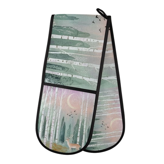 Yayeee Double Oven Mitt Kitchen Heat Resistant Baking 35" x7" Quilted Glove, Green Deer