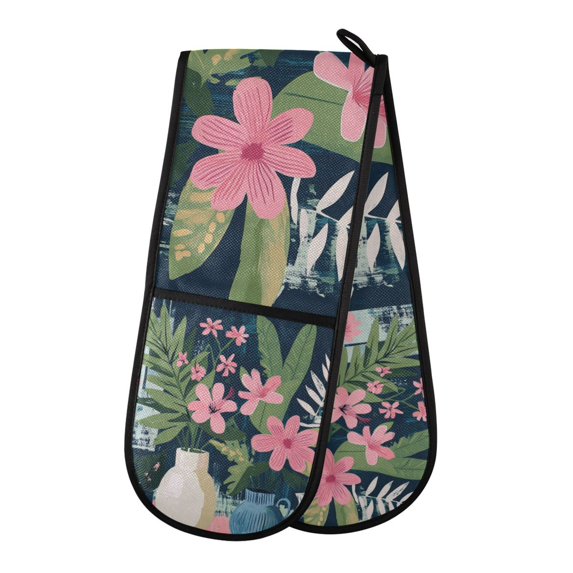 Yayeee Double Oven Mitt Kitchen Heat Resistant Baking 35" x7" Quilted Glove, Green Floral