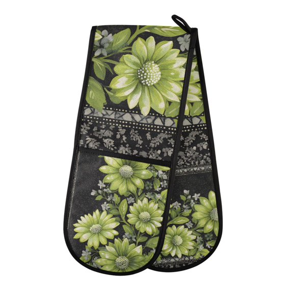 Yayeee Double Oven Mitt Kitchen Heat Resistant Baking 35" x7" Quilted Glove, Green Flowers