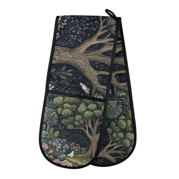 Yayeee Double Oven Mitt Kitchen Heat Resistant Baking 35" x7" Quilted Glove, Green Forest Scene
