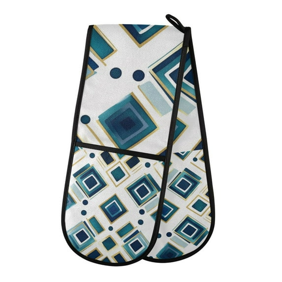 Yayeee Double Oven Mitt Kitchen Heat Resistant Baking 35" x7" Quilted Glove, Green Geometric Pattern