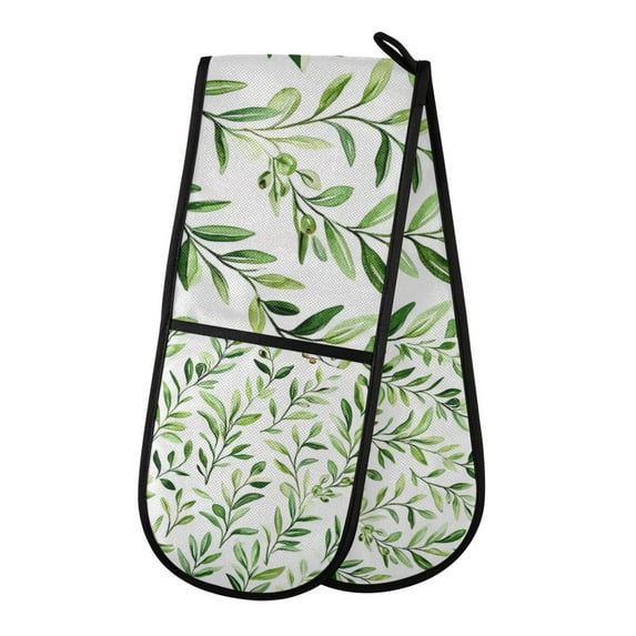 Yayeee Double Oven Mitt Kitchen Heat Resistant Baking 35" x7" Quilted Glove, Green Leafy Pattern