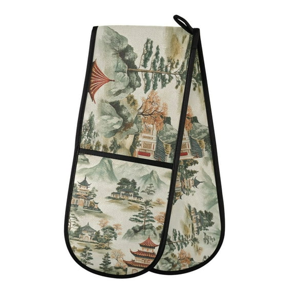 Yayeee Double Oven Mitt Kitchen Heat Resistant Baking 35" x7" Quilted Glove, Green Mountain Pattern