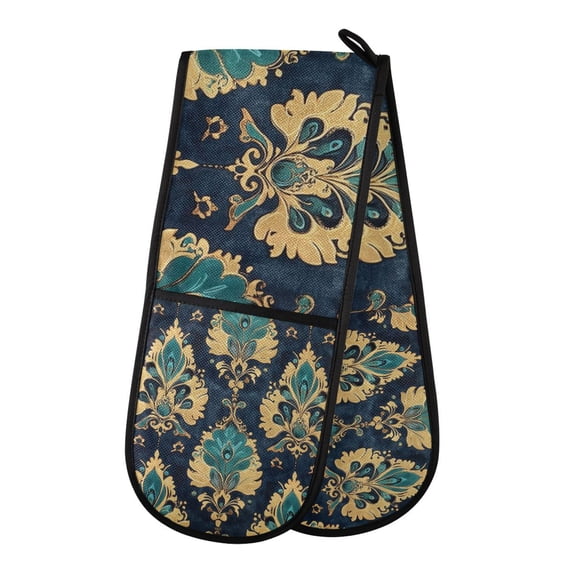 Yayeee Double Oven Mitt Kitchen Heat Resistant Baking 35" x7" Quilted Glove, Green Peacock Pattern