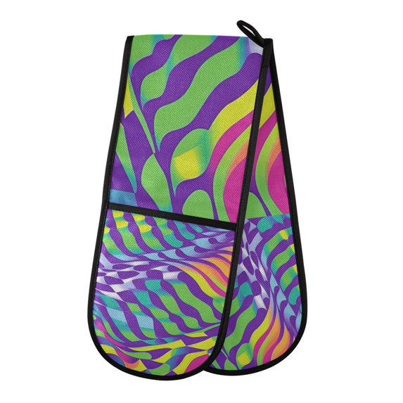 Yayeee Double Oven Mitt Kitchen Heat Resistant Baking 35" x7" Quilted Glove, Green Wavy Pattern