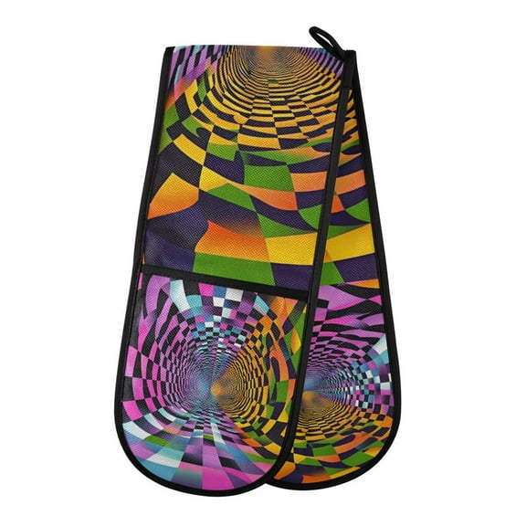 Yayeee Double Oven Mitt Kitchen Heat Resistant Baking 35" x7" Quilted Glove, Green Wavy Plaid