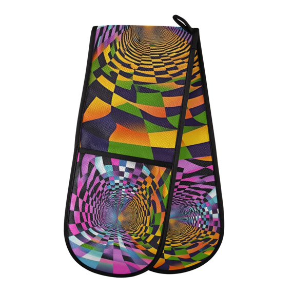 Yayeee Double Oven Mitt Kitchen Heat Resistant Baking 35" x7" Quilted Glove, Green Wavy Plaid