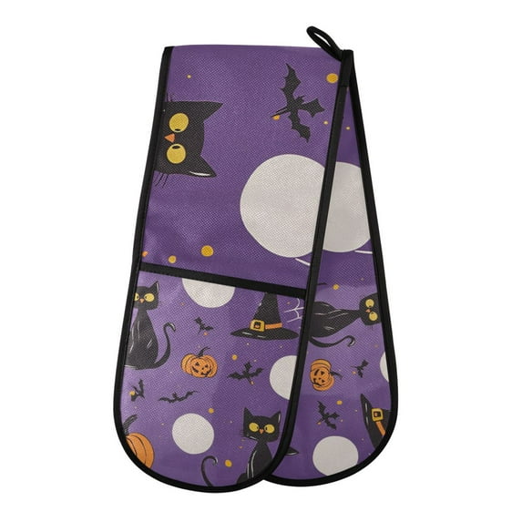 Yayeee Double Oven Mitt Kitchen Heat Resistant Baking 35" x7" Quilted Glove, Halloween Black Cat