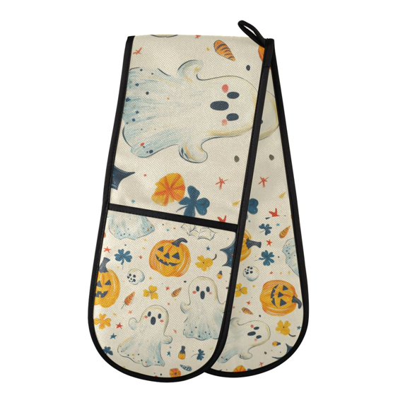 Yayeee Double Oven Mitt Kitchen Heat Resistant Baking 35" x7" Quilted Glove, Halloween Cute Ghosts