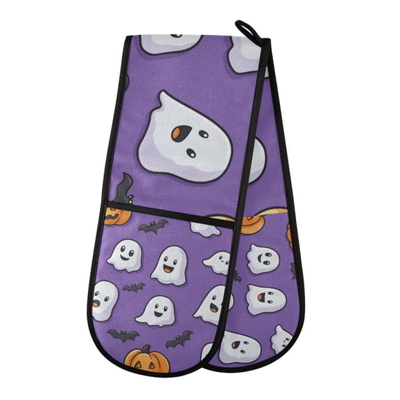 Yayeee Double Oven Mitt Kitchen Heat Resistant Baking 35" x7" Quilted Glove, Halloween Ghosts Purple