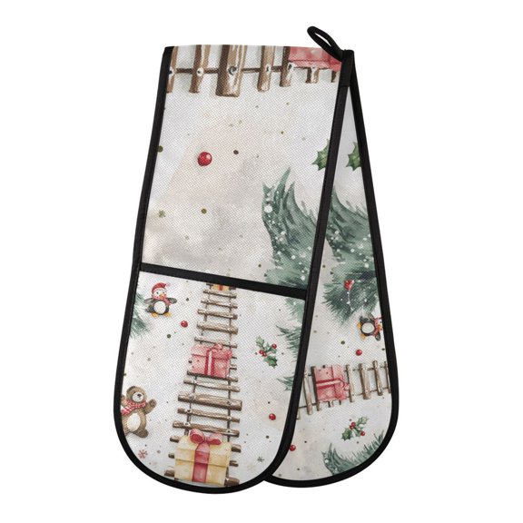 Yayeee Double Oven Mitt Kitchen Heat Resistant Baking 35" x7" Quilted Glove, Holiday Train