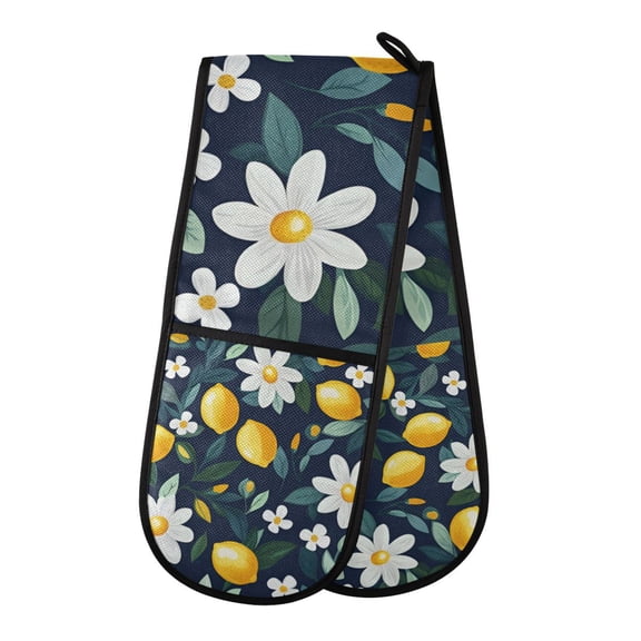 Yayeee Double Oven Mitt Kitchen Heat Resistant Baking 35" x7" Quilted Glove, Lemon Flowers