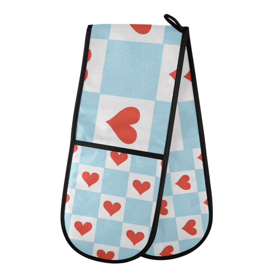 Yayeee Double Oven Mitt Kitchen Heat Resistant Baking 35" x7" Quilted Glove, Light Blue Checkered Heart