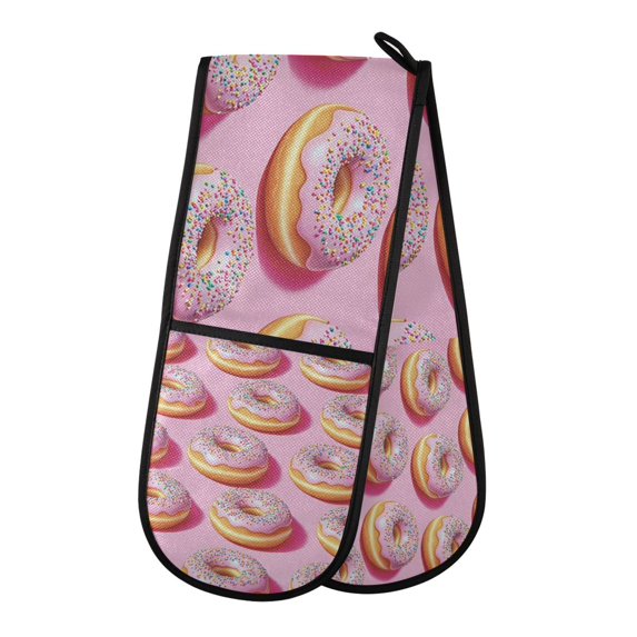 Yayeee Double Oven Mitt Kitchen Heat Resistant Baking 35" x7" Quilted Glove, Light Pink Doughnuts