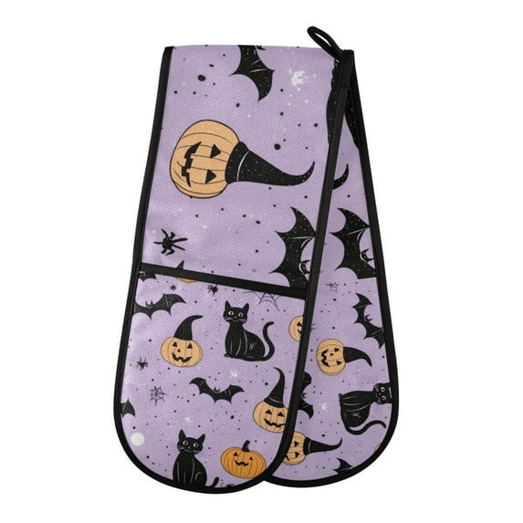 Yayeee Double Oven Mitt Kitchen Heat Resistant Baking 35" x7" Quilted Glove, Light Purple Halloween Black Cat