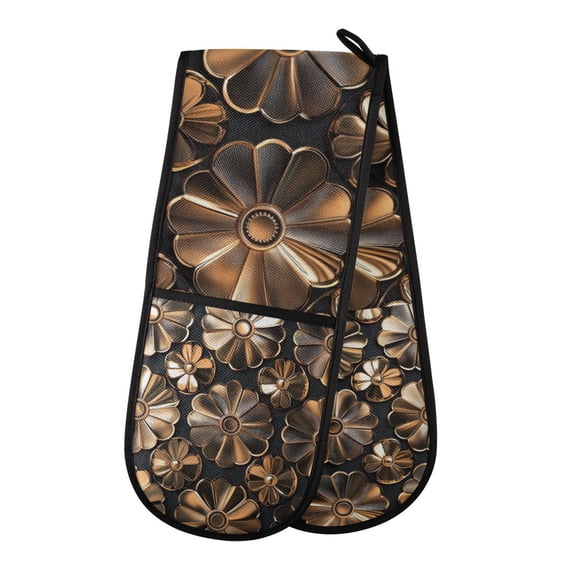 Yayeee Double Oven Mitt Kitchen Heat Resistant Baking 35" x7" Quilted Glove, Metallic Flower