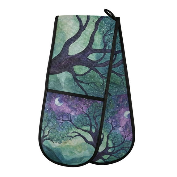 Yayeee Double Oven Mitt Kitchen Heat Resistant Baking 35" x7" Quilted Glove, Moonlight Forest
